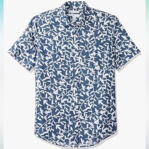 Blue/White Slim-Fit Short-Sleeve Linen Cotton Shirt